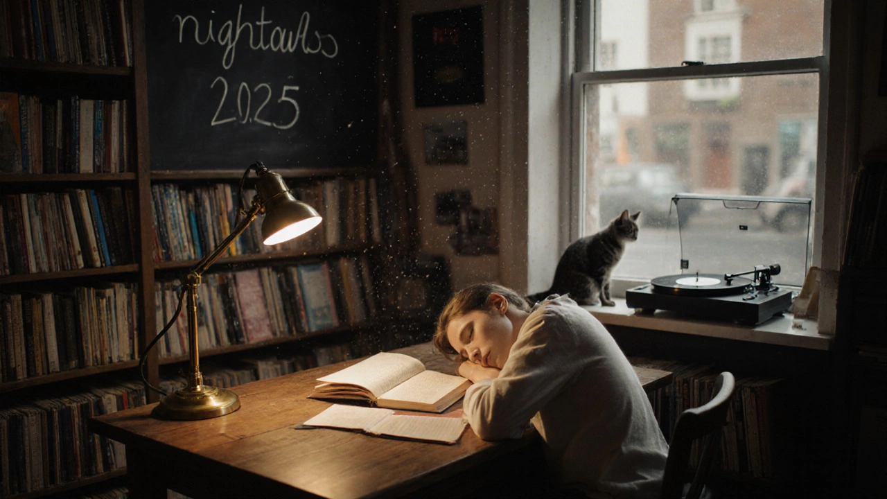 A student asleep at a book-filled cafe table in Brixton, with vinyl spinning softly nearby.