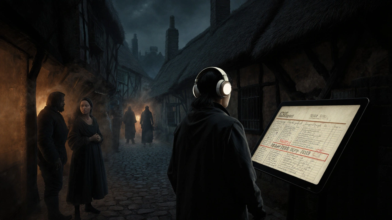 A visitor experiences the 1665 Plague exhibit with ghostly projections and audio in a dim London alley.