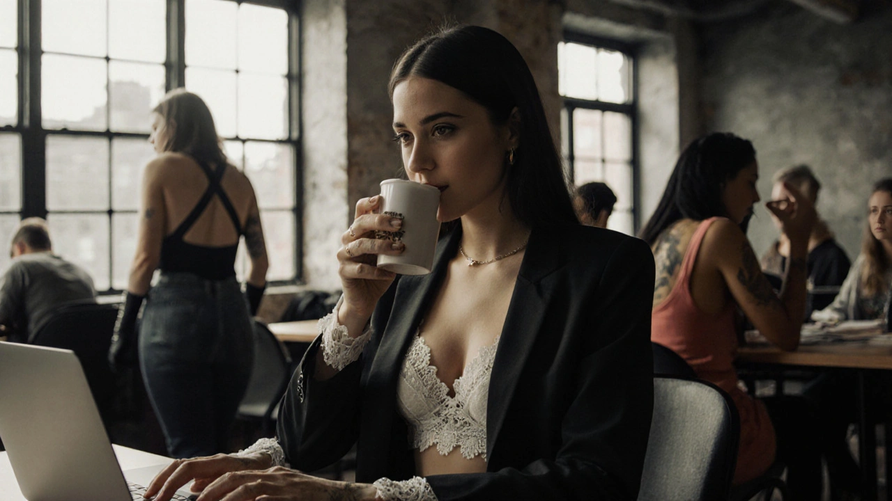 A woman in a lace blazer and bralette working in a co-working space, embodying body-positive fashion.