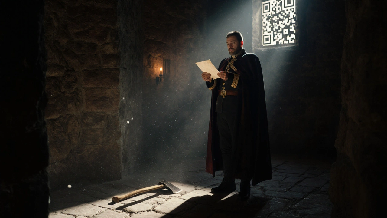 A Yeoman Warder recites a final letter in the Bloody Tower, candlelight illuminating his emotional face.