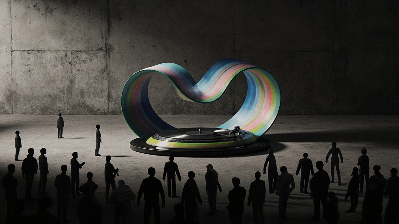 An abstract representation of Fabric&#039;s sound as a living bass wave merging global rhythms through concrete space.