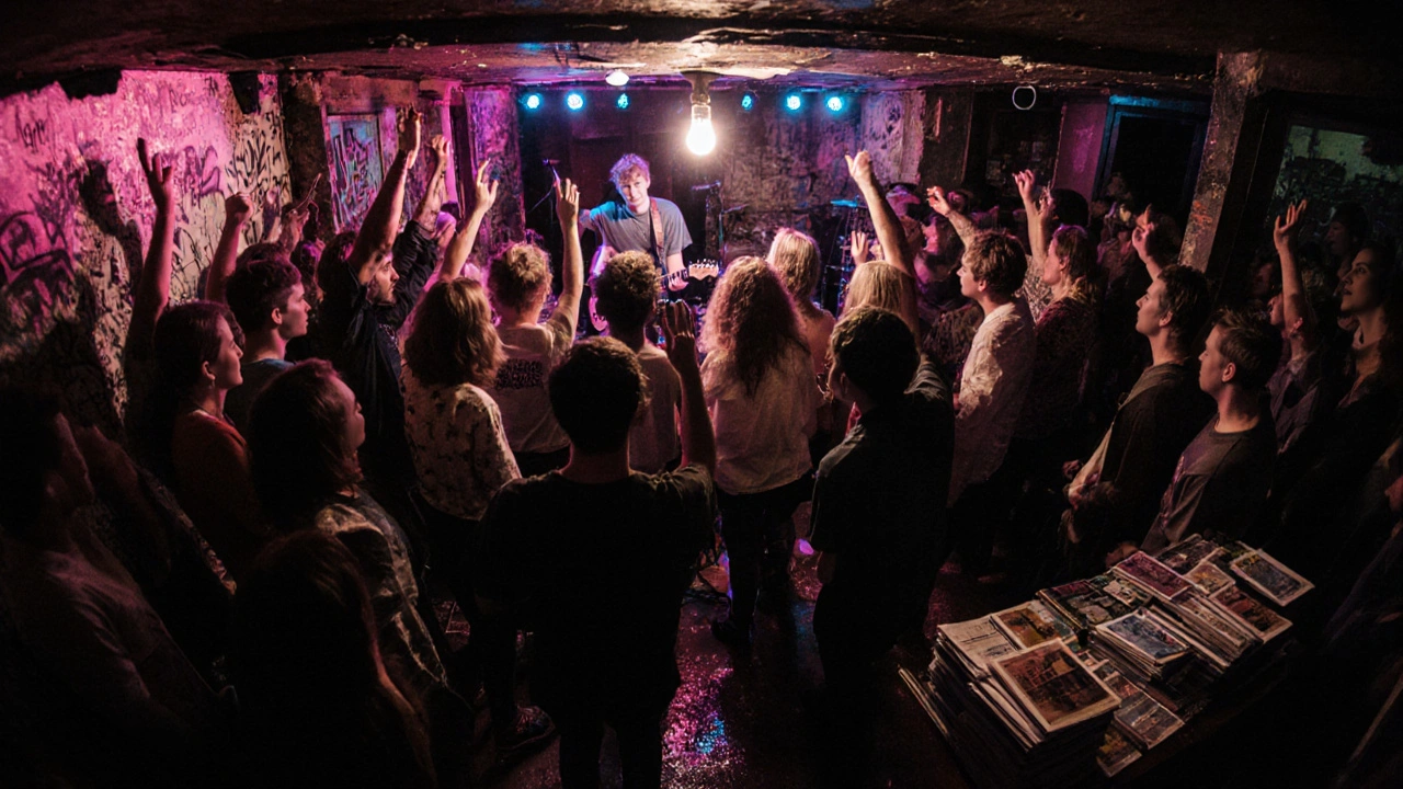 An indie rock band performing at a small, crowded venue with fans standing and cheering.