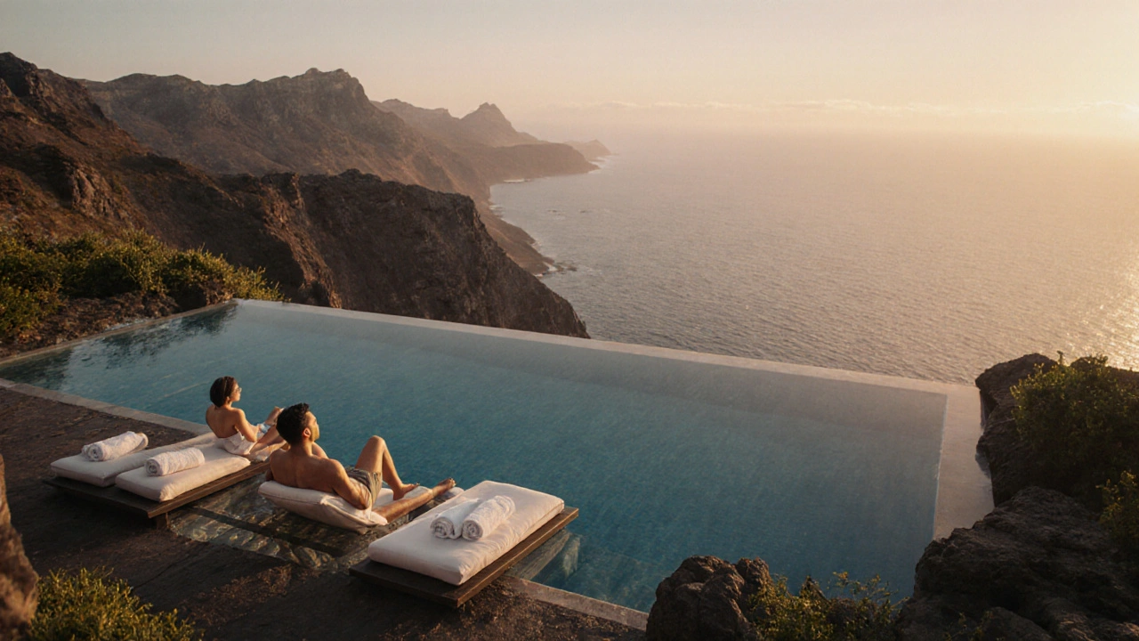 An infinity pool at sunset on a cliffside resort with no children, only serene loungers.