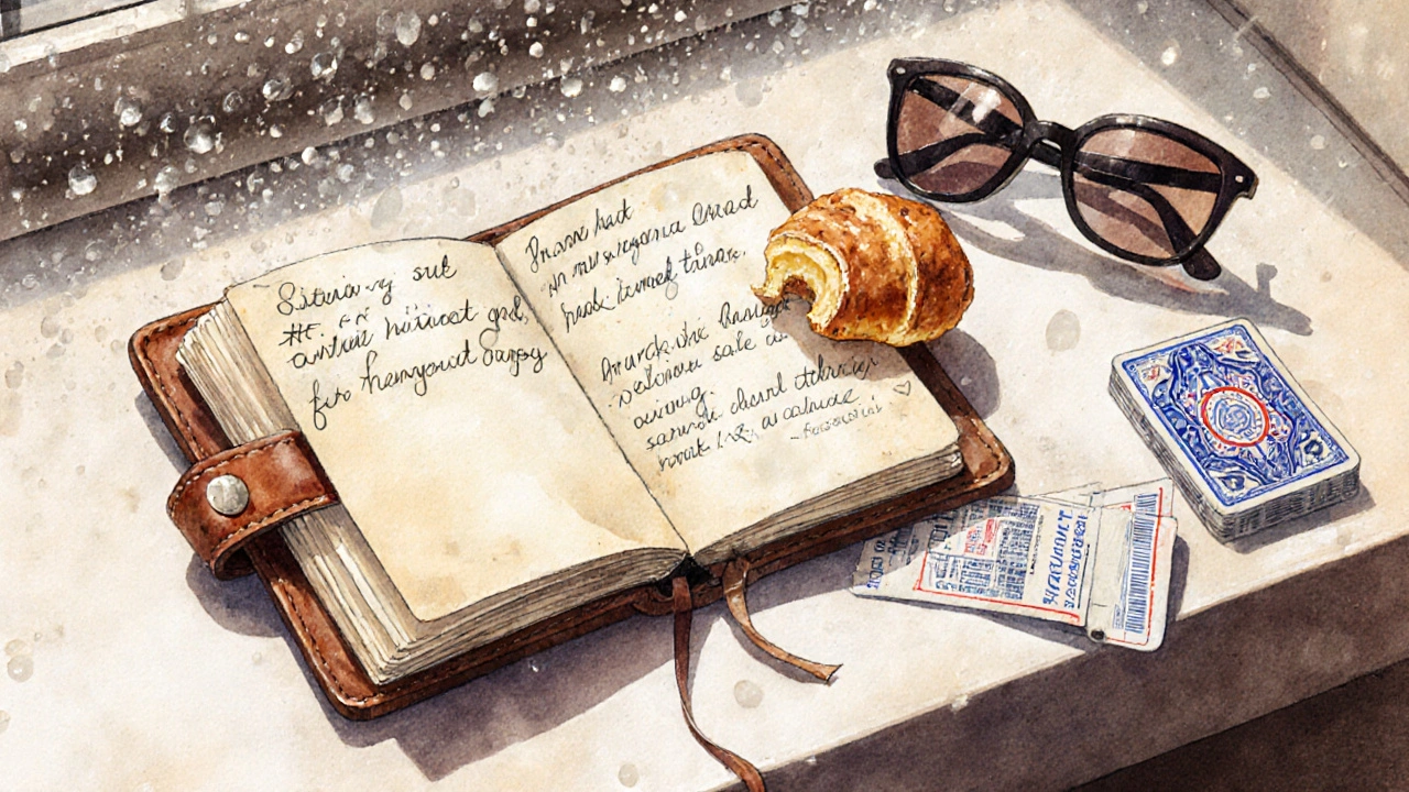 An open travel journal with handwritten notes, snacks, and cards on a windowsill in the rain.