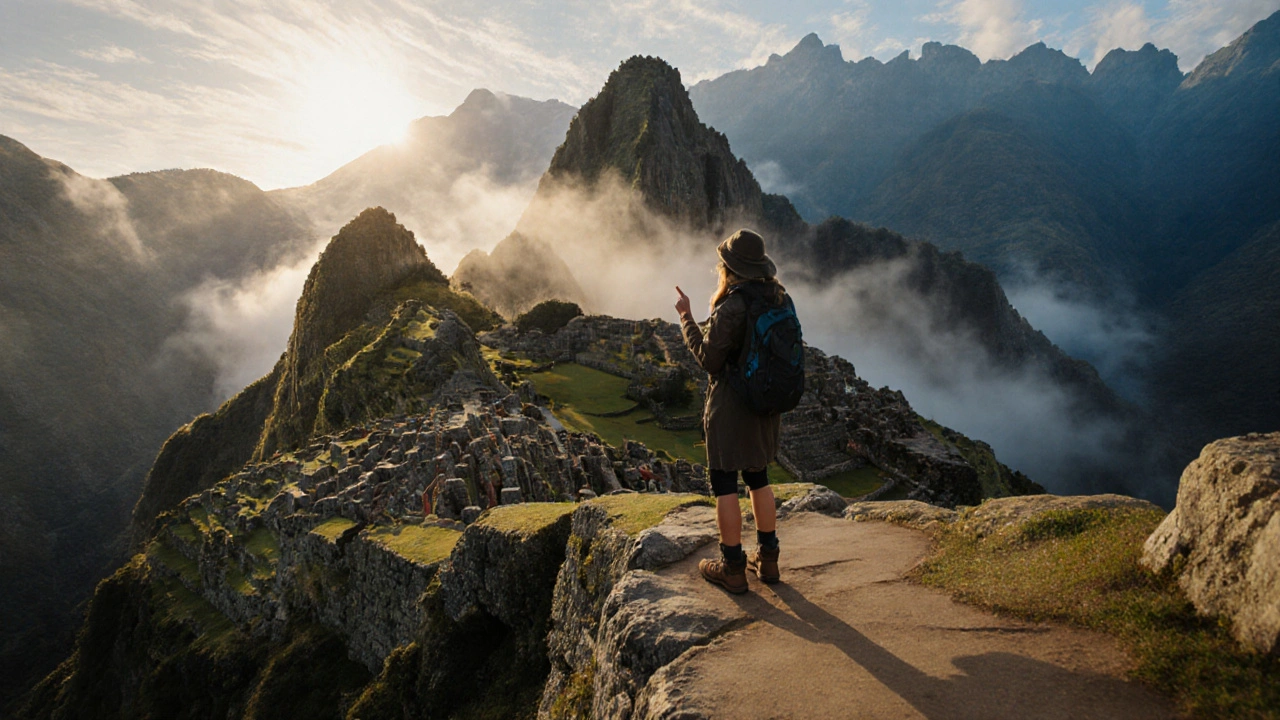 At sunrise, a traveler stands at Machu Picchu&#039;s Sun Gate as their guide points to hidden Incan terraces below.