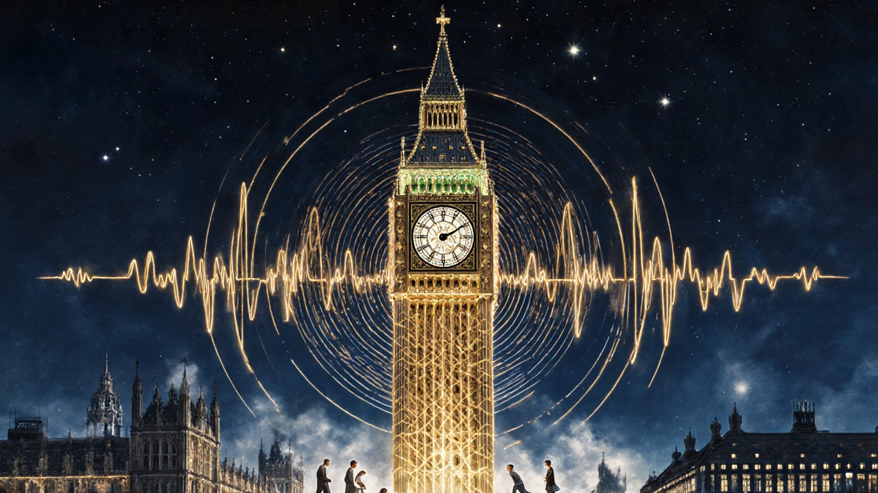 Big Ben as a living heartbeat, golden ripples spreading through London&#039;s skyline.