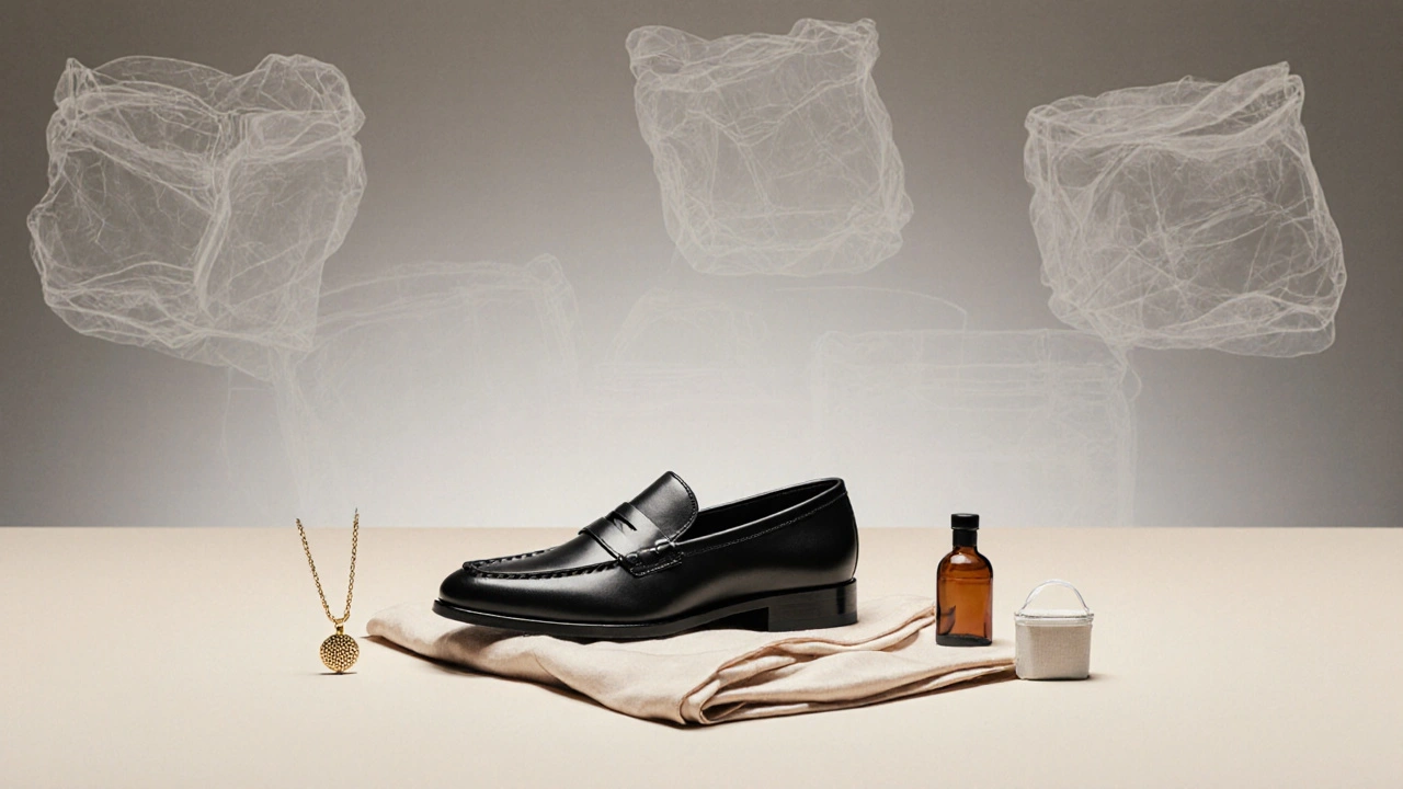 Black loafer and silk scarf with minimalist travel essentials, surrounded by fading clutter.