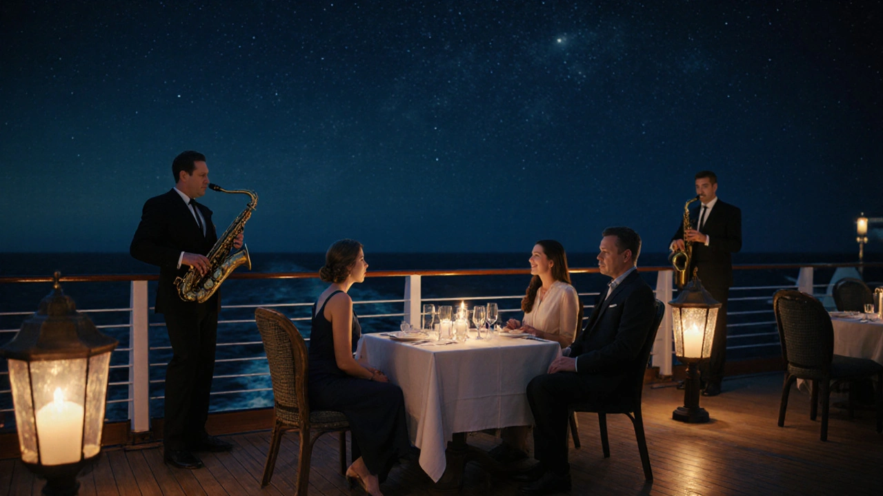 Candlelit dinner on a cruise deck under stars with live jazz music.