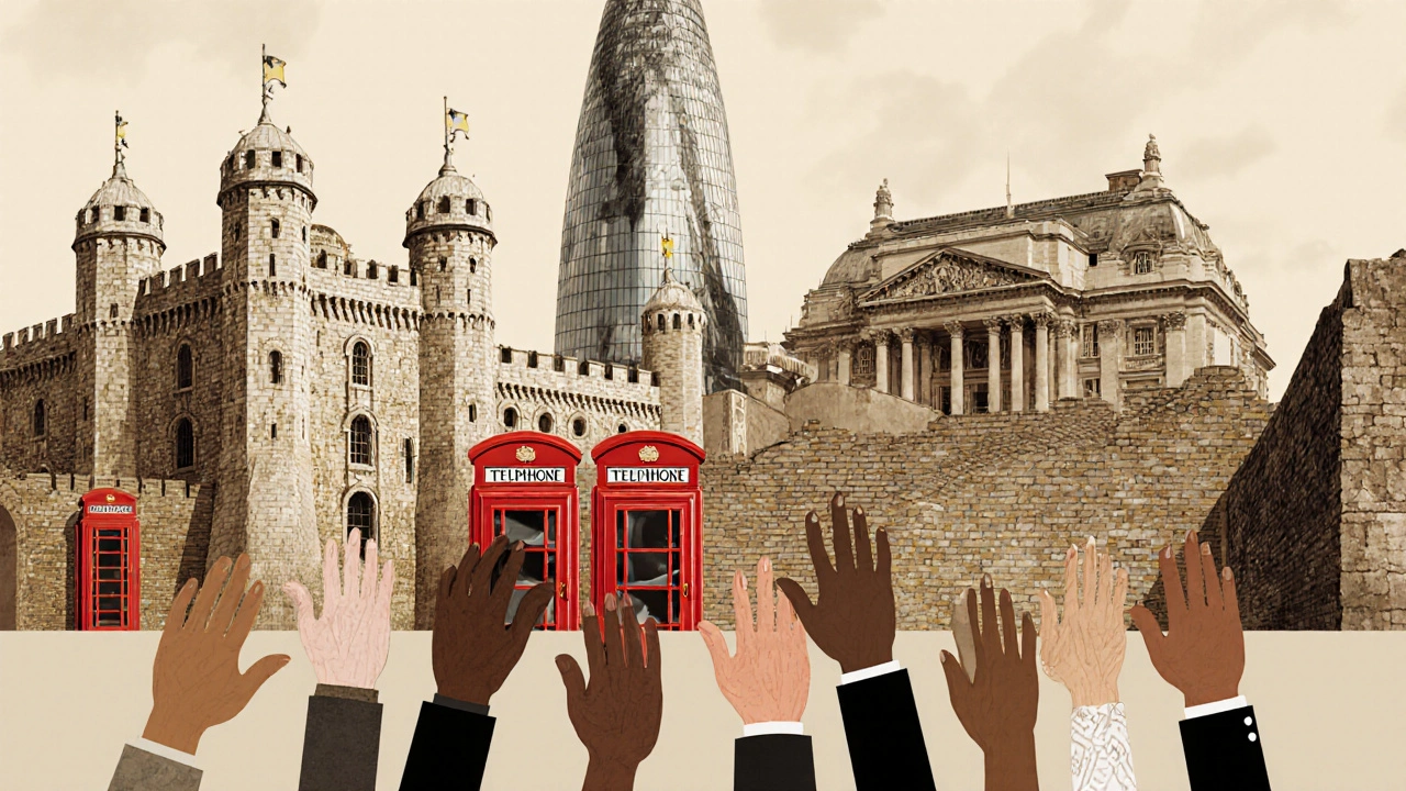 Collage of London’s iconic buildings with diverse hands touching shared stone, symbolizing belonging.