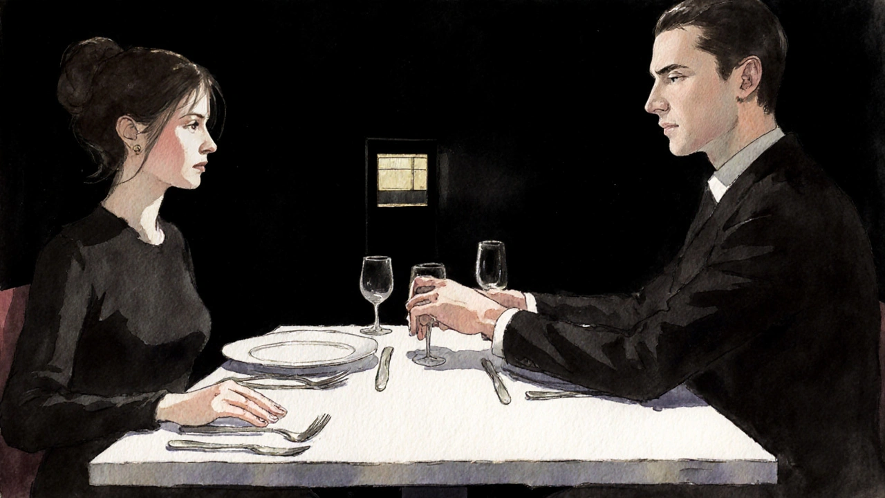 Couple dining in total darkness, their hands gently touching under the table in a silent, intimate moment.