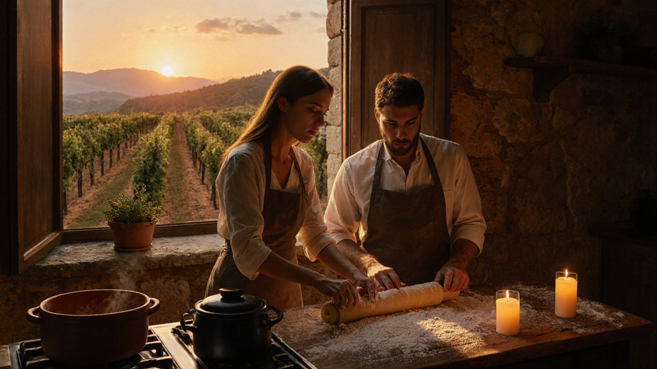 Couple making pasta together in a sunlit Tuscan stone kitchen.