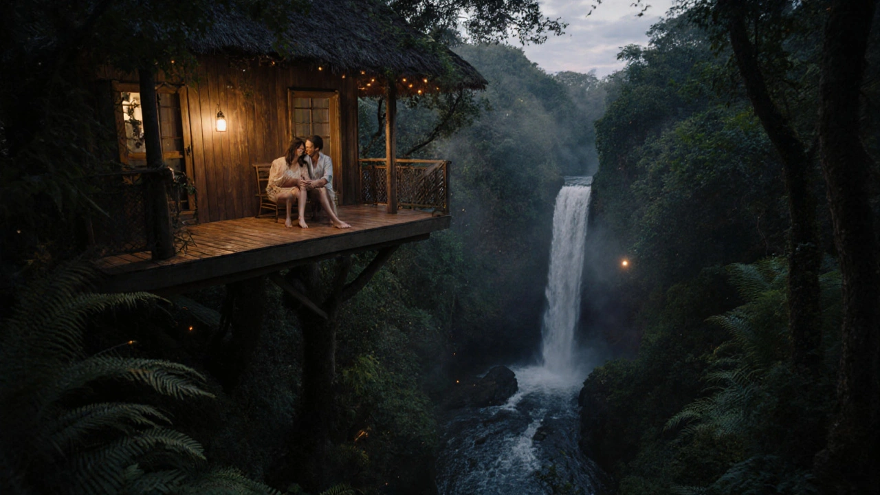 Couple sitting on a treehouse deck above a jungle waterfall at dusk.