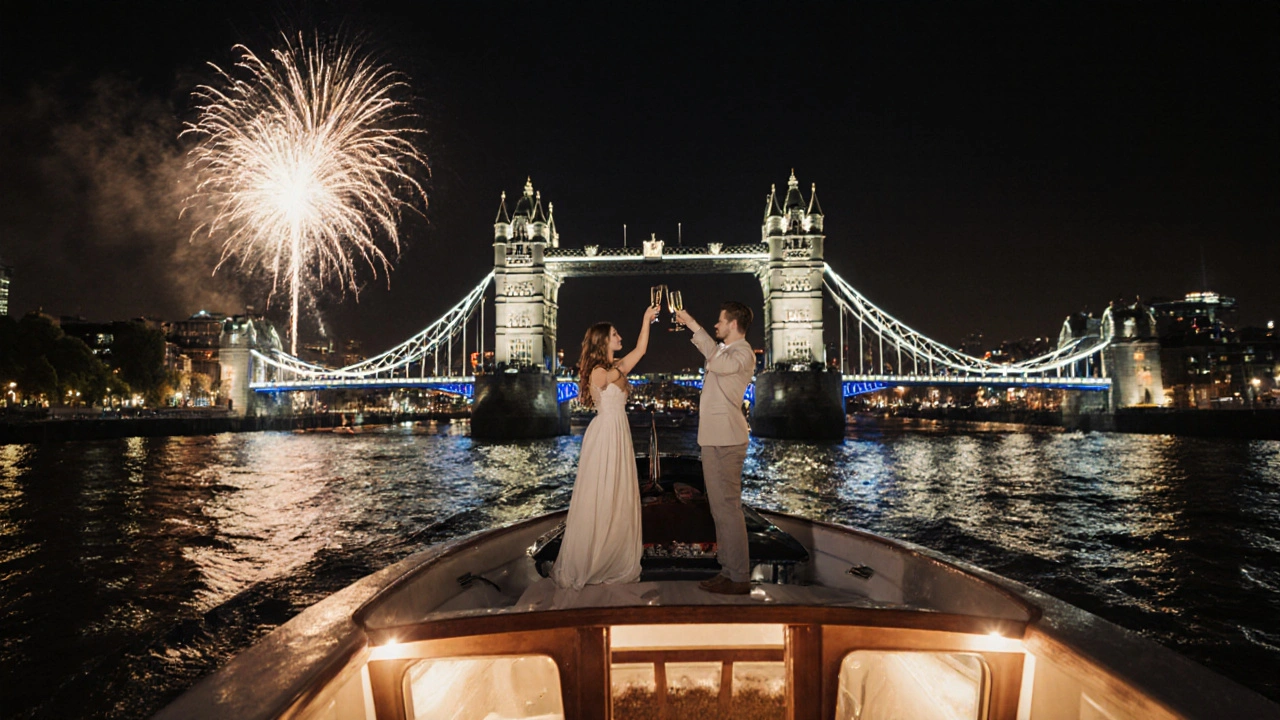 Couple toasting on a boat bow as it passes under Tower Bridge under a starry night sky.