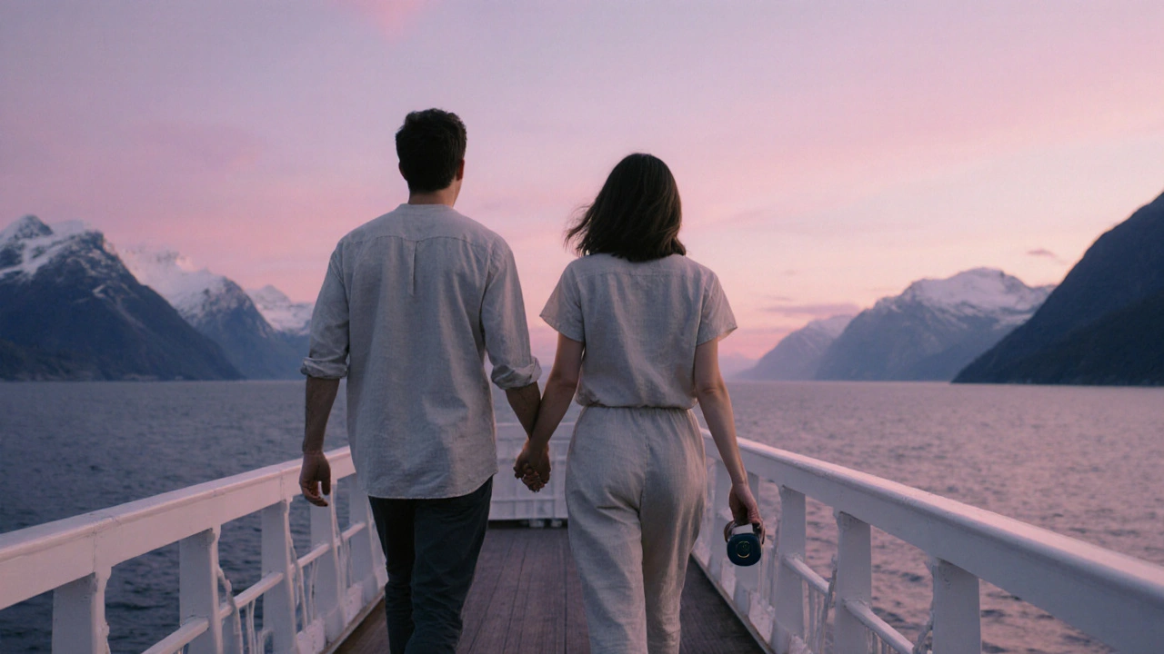 Couple walking hand-in-hand on a quiet cruise deck at twilight with fjord views.