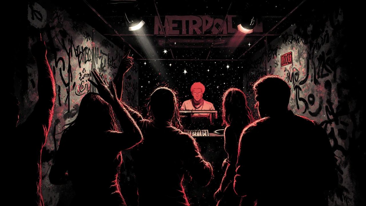 Dark basement club with strobe lights and glittering sweat, silhouetted dancers, abstract graffiti walls, intense electronic music vibe.