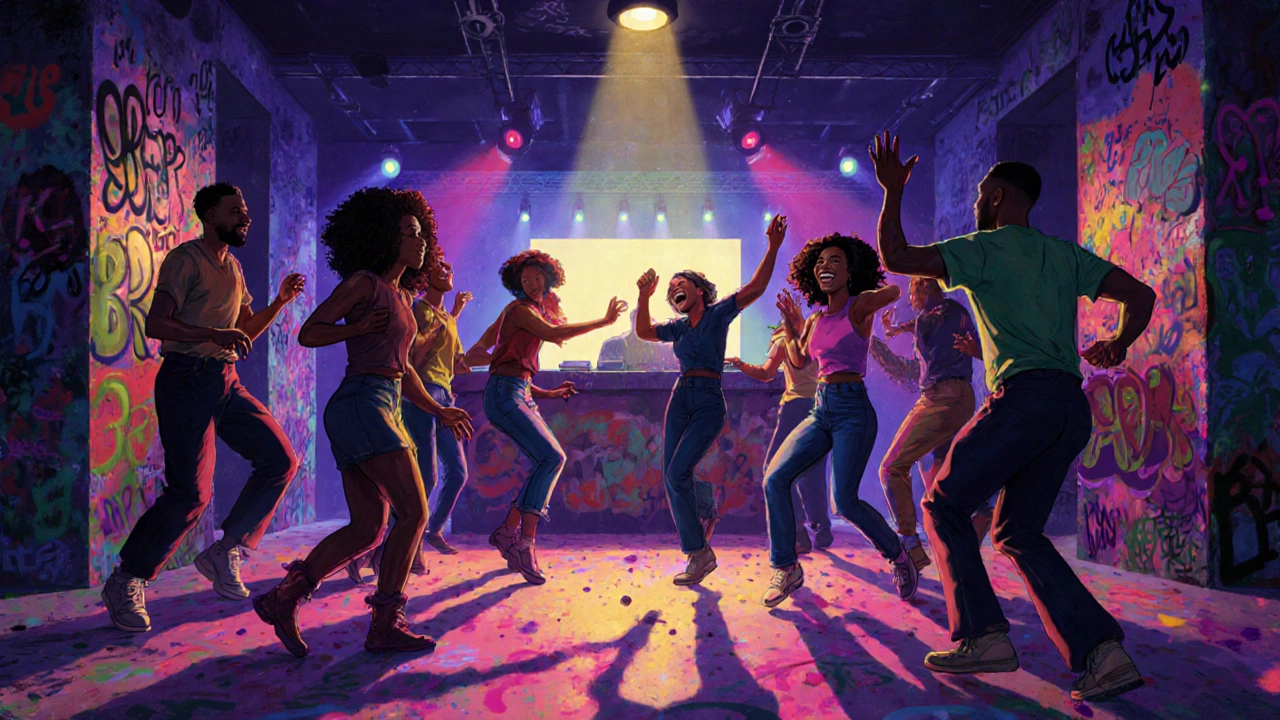 Diverse crowd dancing together in a colorful, graffiti-covered nightclub.