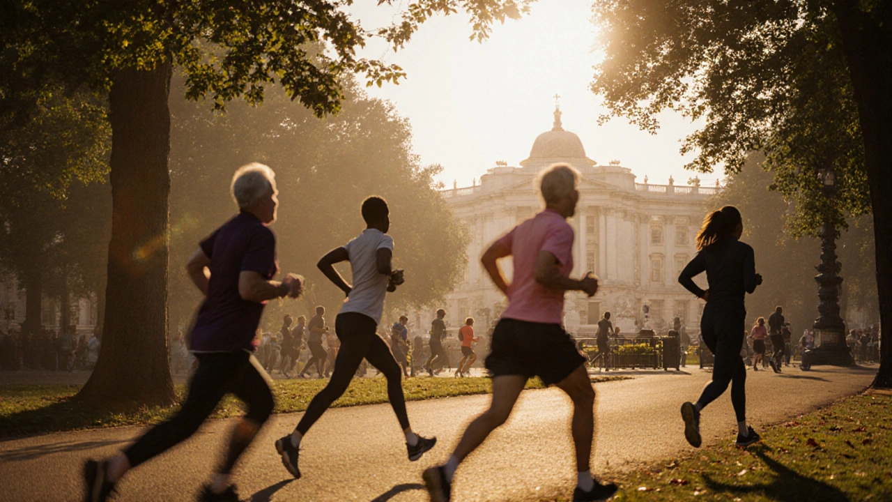 Diverse group of runners in Hyde Park at sunrise, united by the park’s peaceful energy.