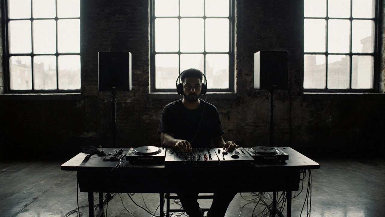 DJ Arjun Patel tests the sound system alone in the empty club, headphones on, focused on the speakers, no devices visible.