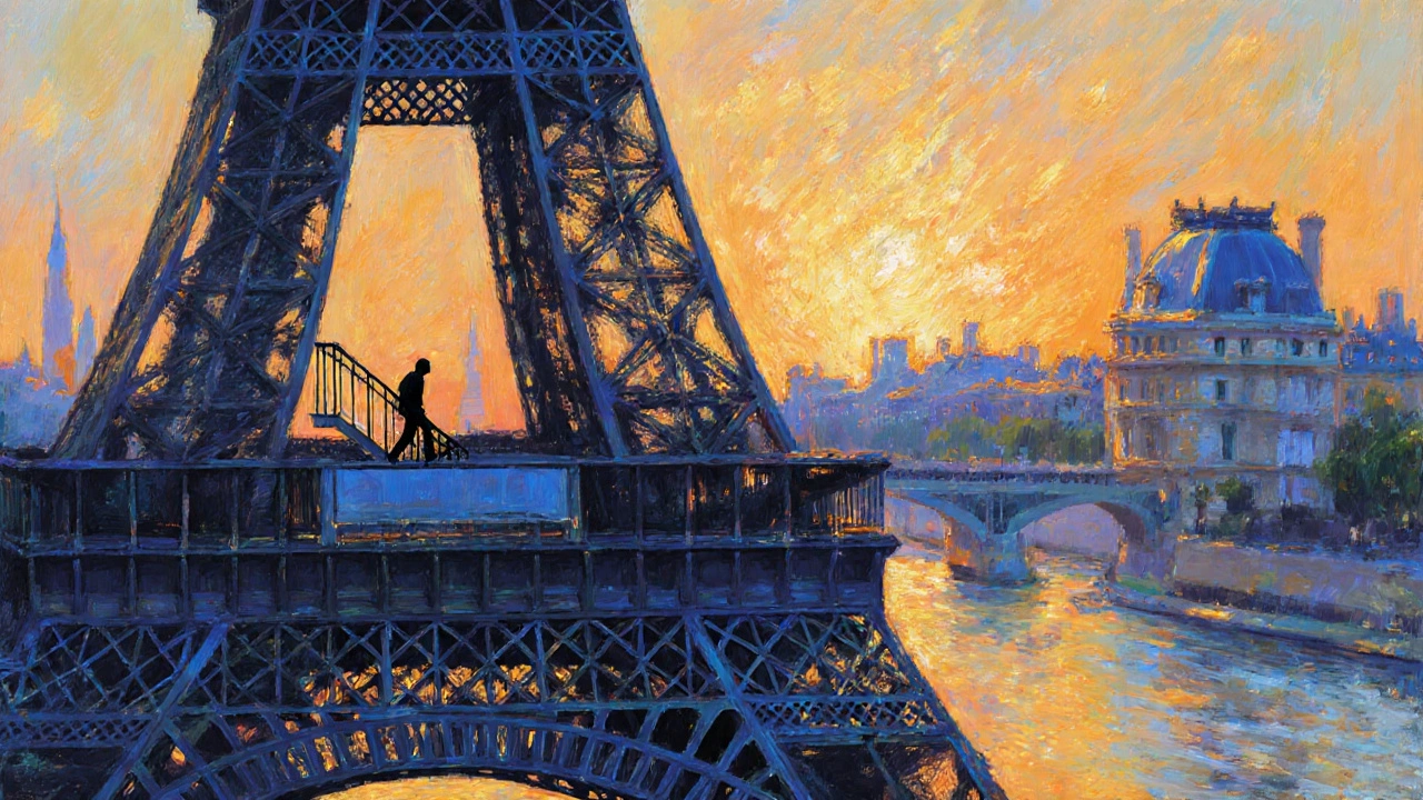 Eiffel Tower glowing at golden hour with a lone climber on the stairs and Paris rooftops behind.