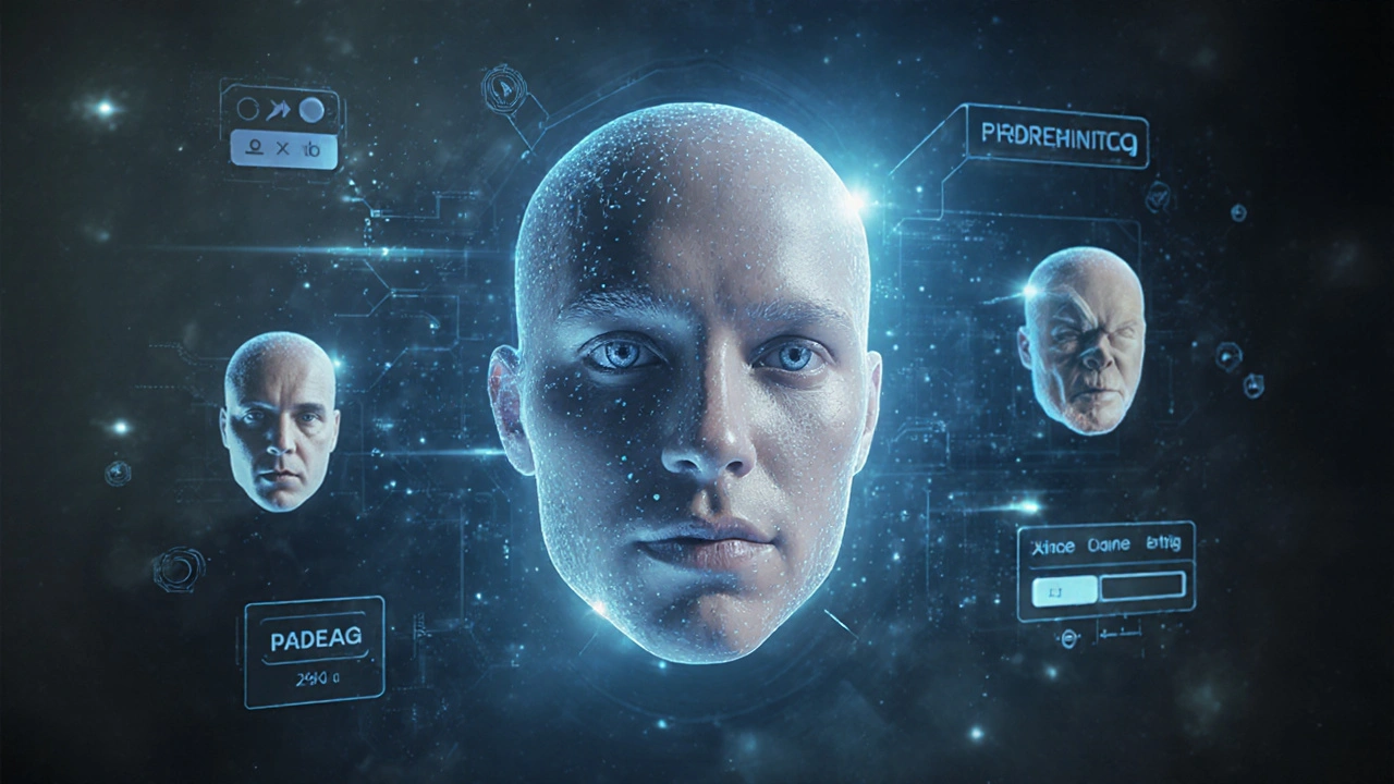 Floating AI-generated faces with customizable features, displayed on a dark digital interface.