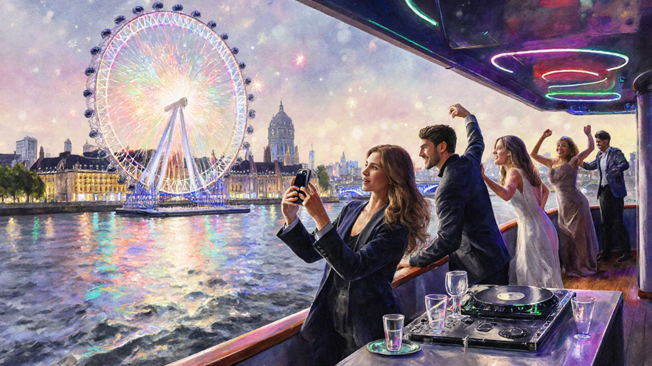 Friends leaning over a riverboat railing, watching the London Eye spin under city lights.