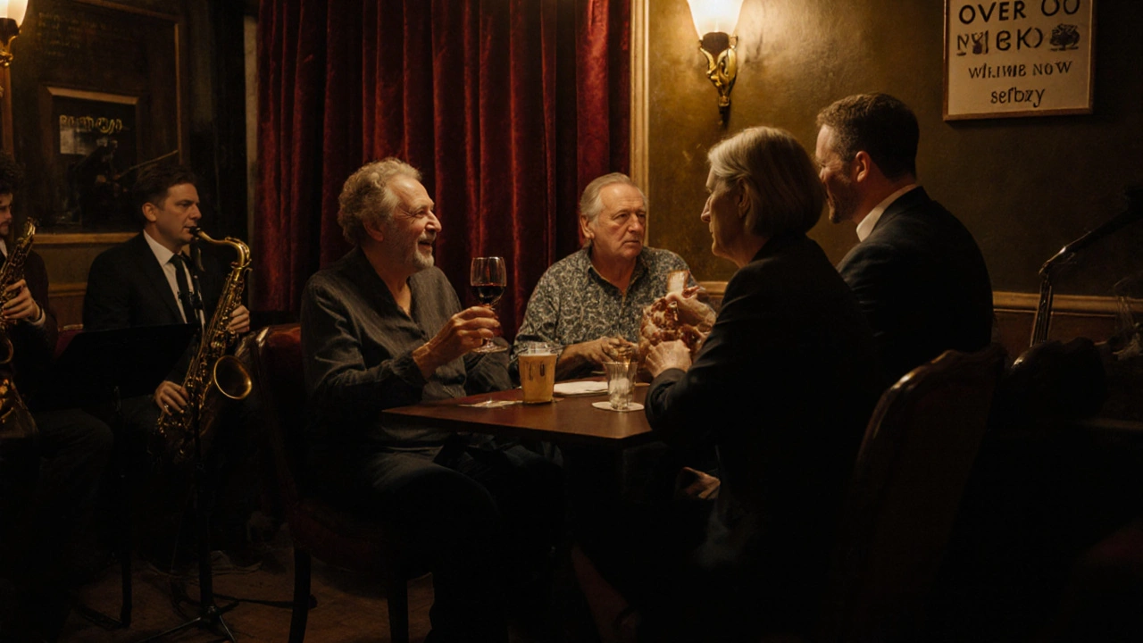 Friends listening to live jazz in a cozy lounge, relaxed and smiling in the warm evening light.