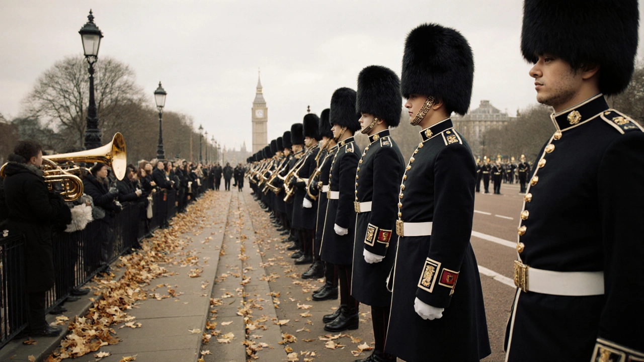 Grenadier Guards in winter uniforms performing Changing of the Guard on a quiet Tuesday morning.