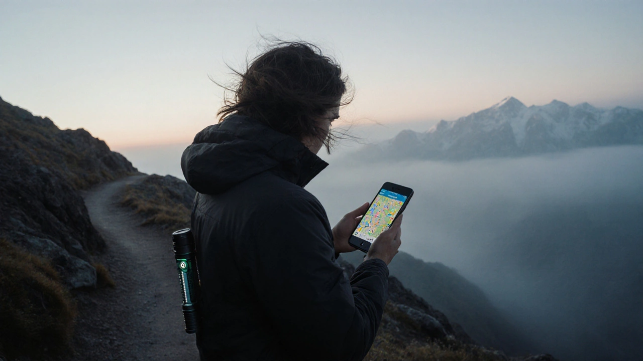 Hiker on mountain trail viewing trail map on phone at dawn.