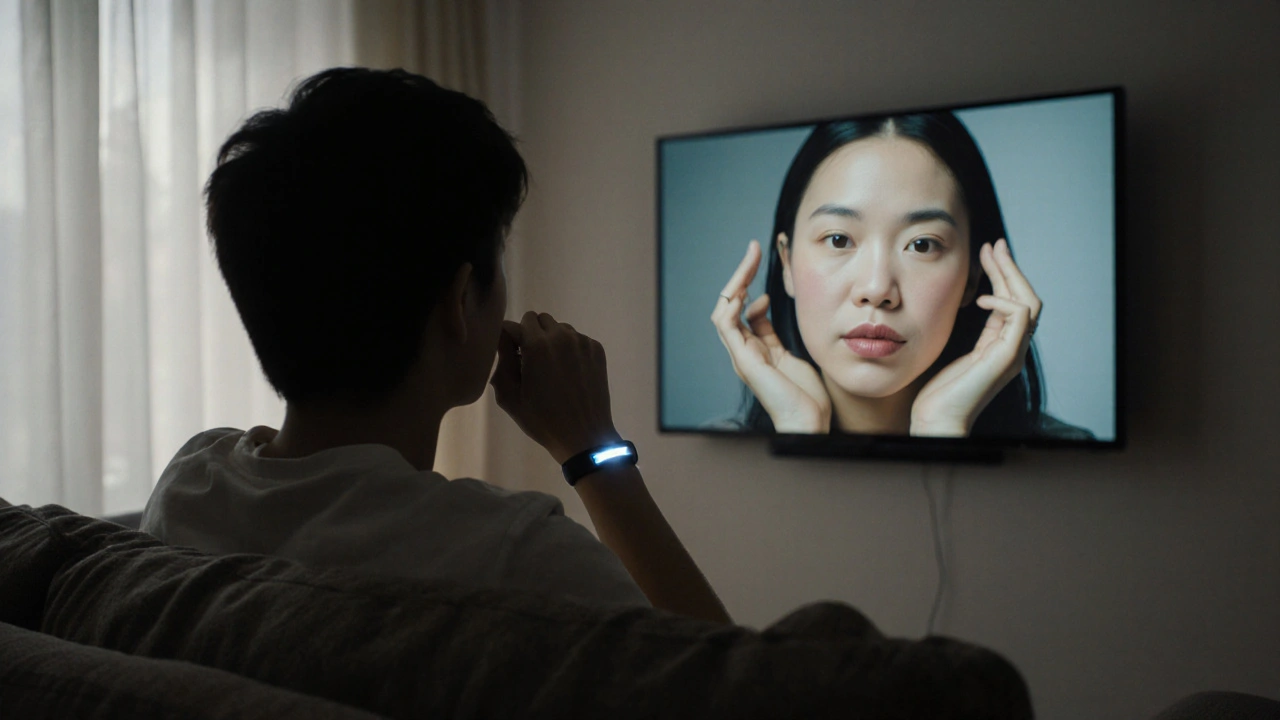 Individual wearing a smart ring, engaged in a live video session where the performer responds to their expressions.