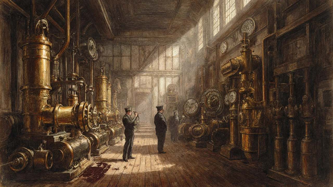Interior of Tower Bridge&#039;s 1894 engine room with brass hydraulic machinery and workers in period uniforms.