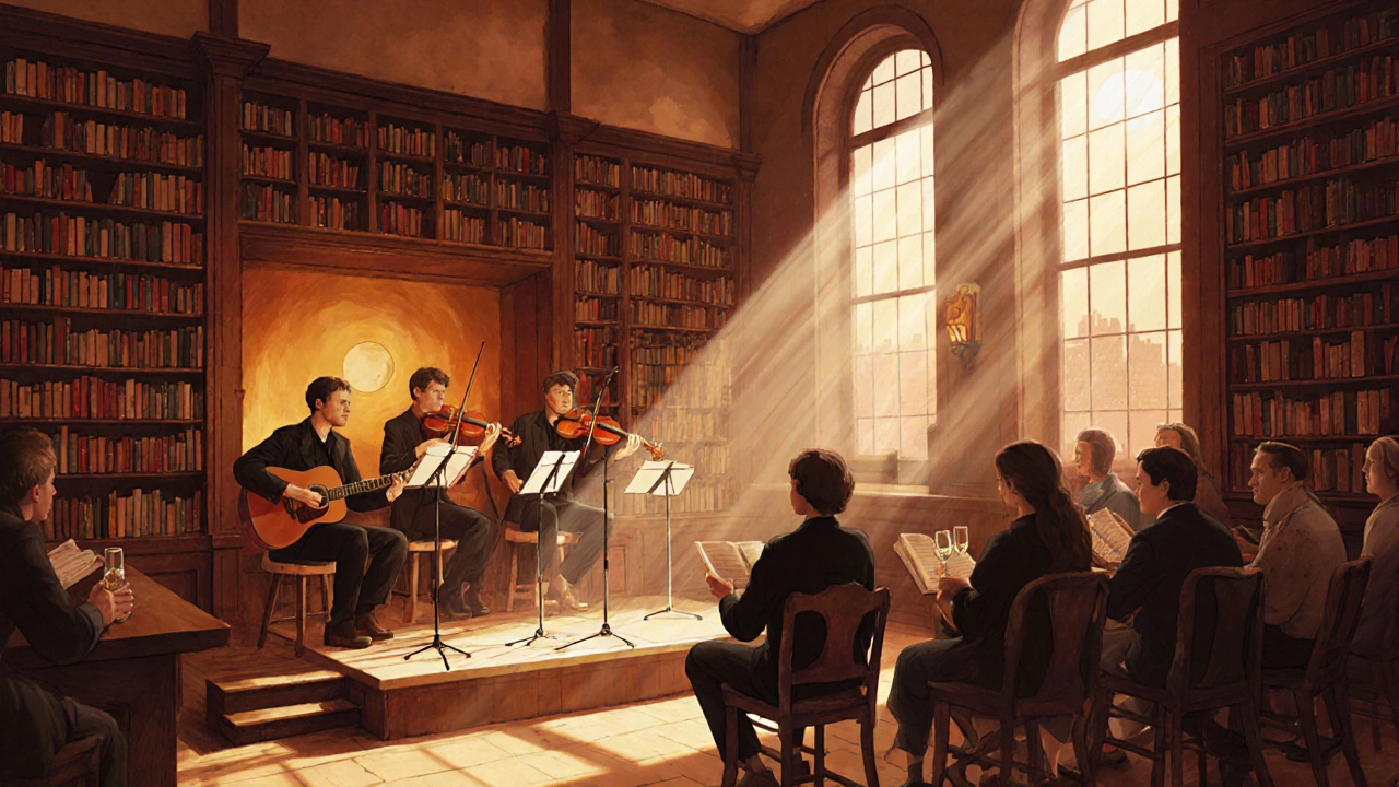 Live acoustic music at the British Library bar, guests reading and listening in quiet ambiance.