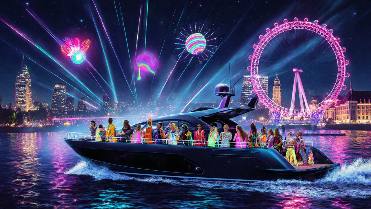 Neon-themed party on a riverboat at night with glowing outfits and strobe lights reflecting on water.