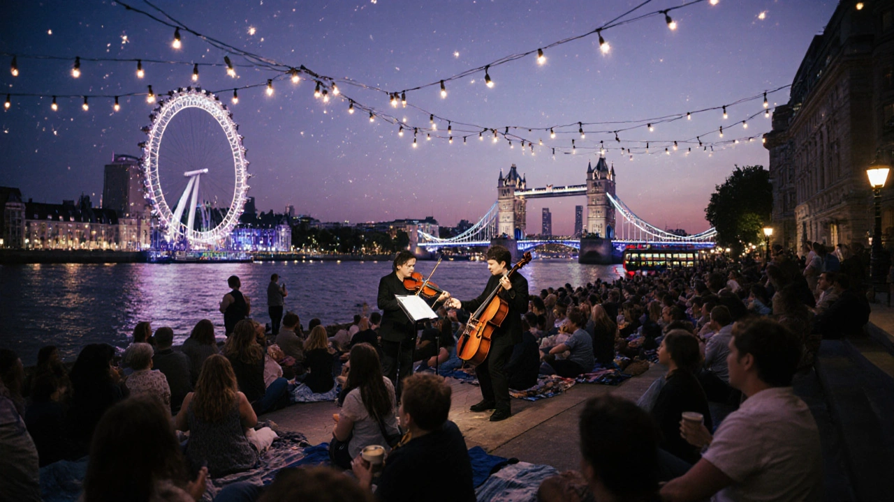 People enjoying a free outdoor concert by the Thames at Southbank Centre at dusk.