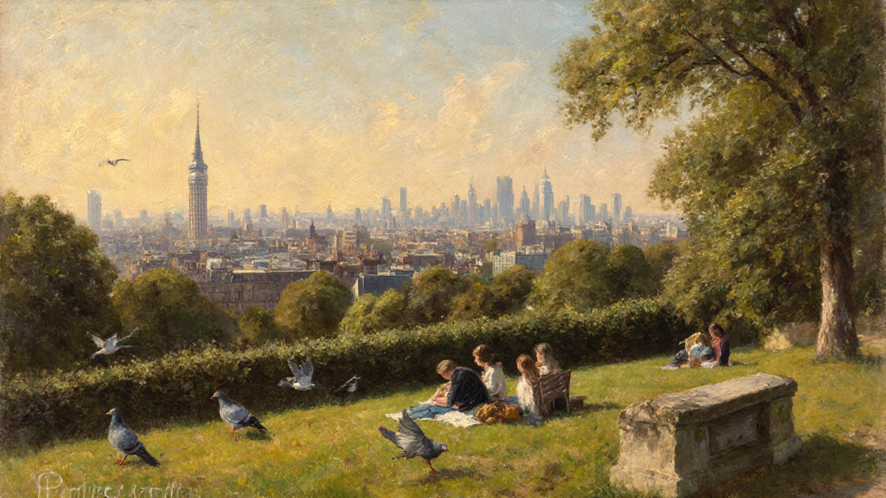 People picnicking on Primrose Hill with London skyline in the background, including St. Paul’s Cathedral and the BT Tower.