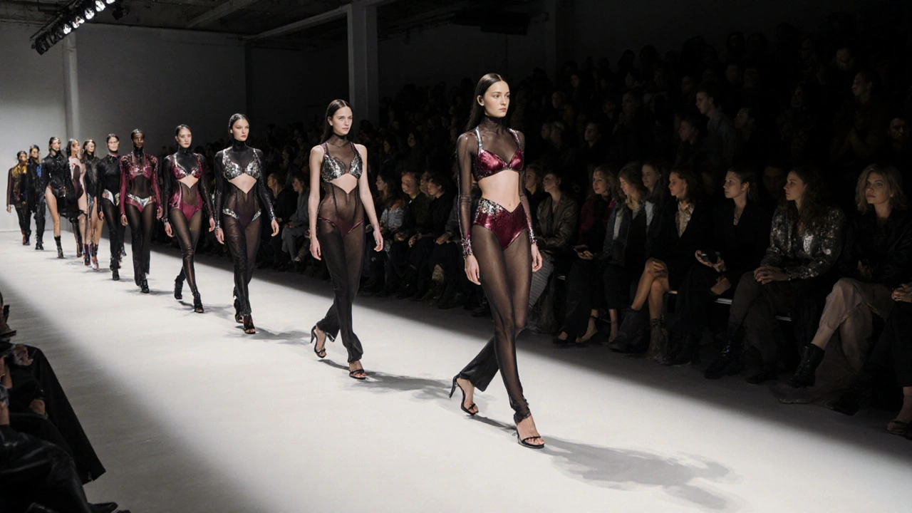 Runway models in sheer bodysuits and couture lingerie at a minimalist fashion show, styled as high art.