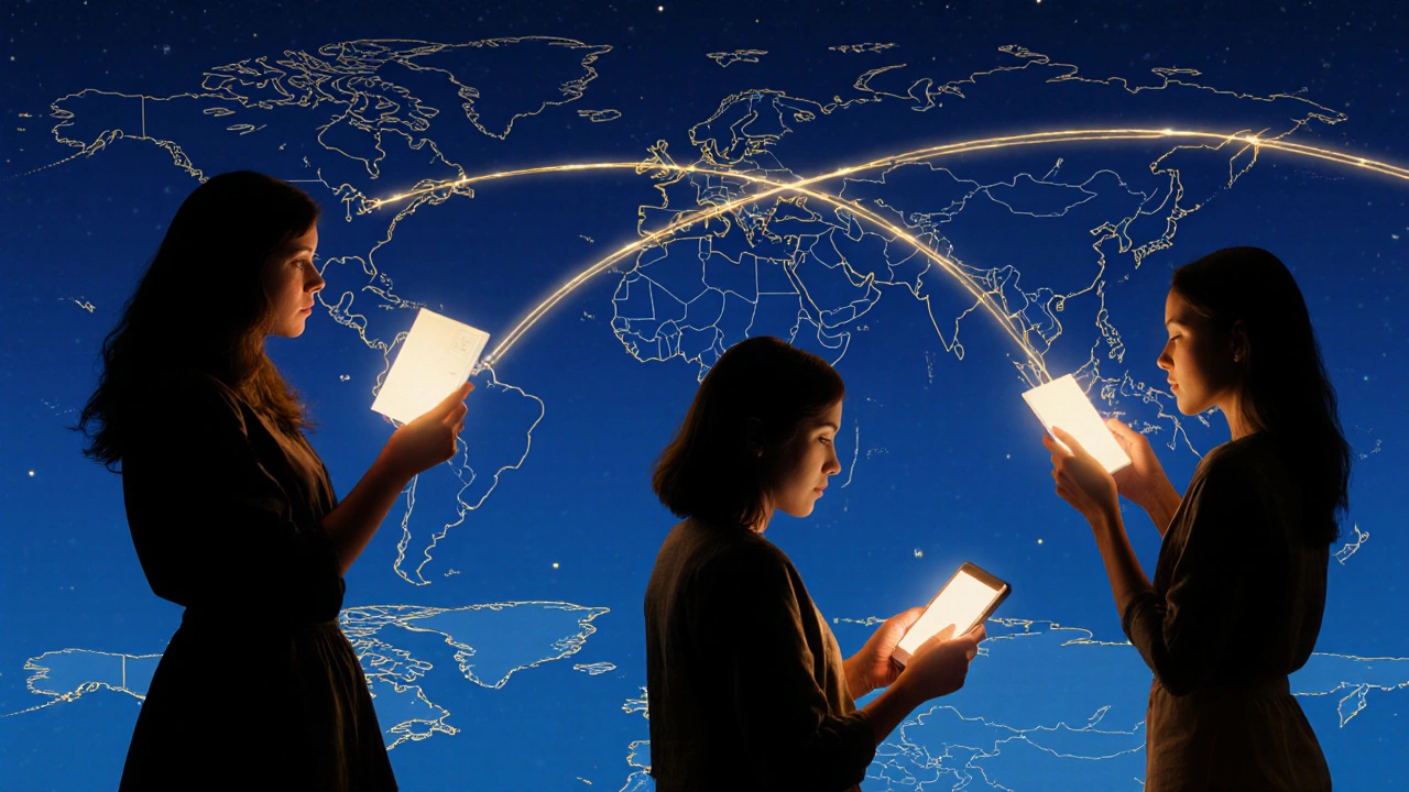 Silhouettes of female travelers linked by glowing threads across a starry global night.