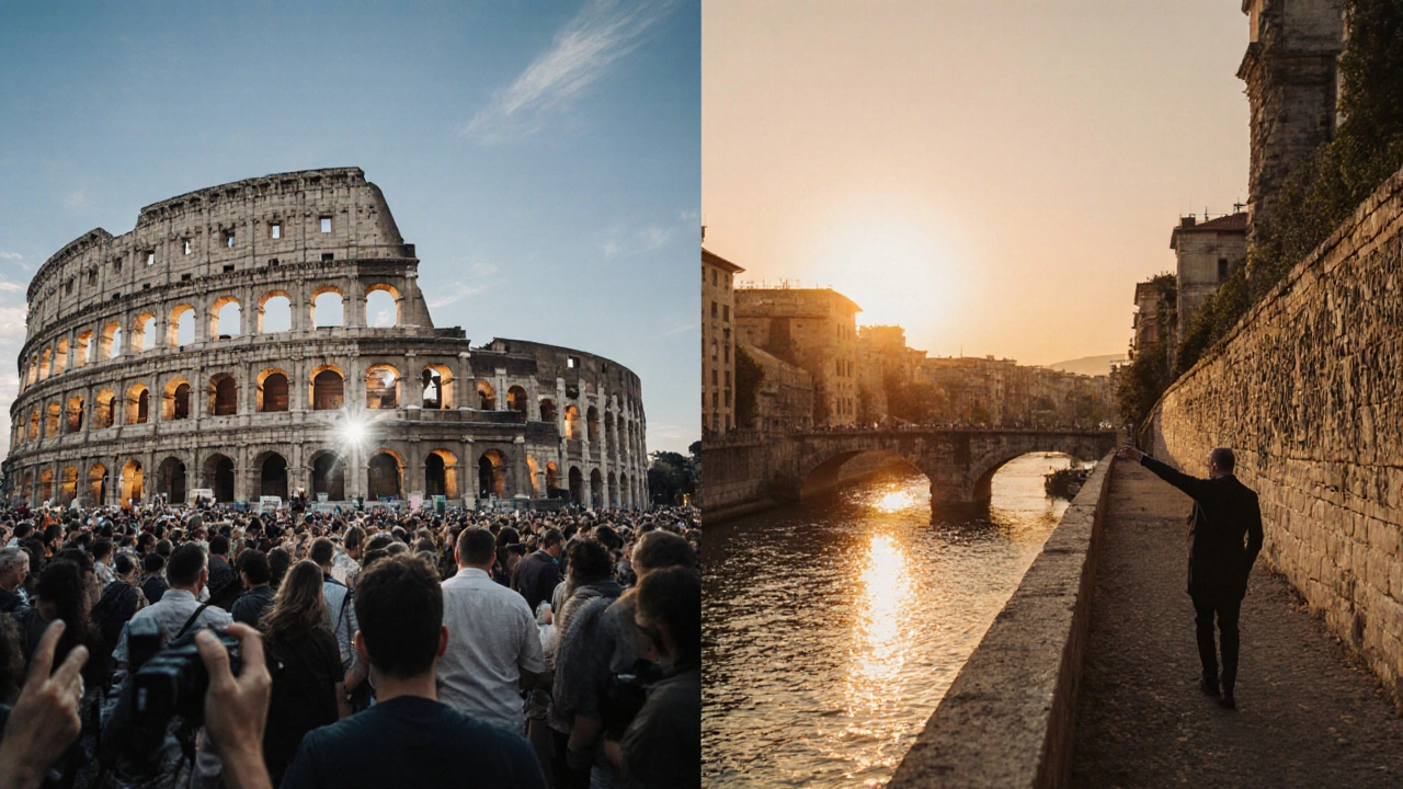 Split image: crowded Colosseum vs. peaceful Tiber River walk with a private guide at sunset.