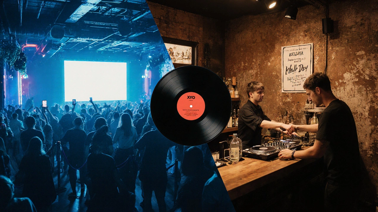 Split image: sterile corporate club on left, raw authentic music space on right, with a spinning vinyl record in between.