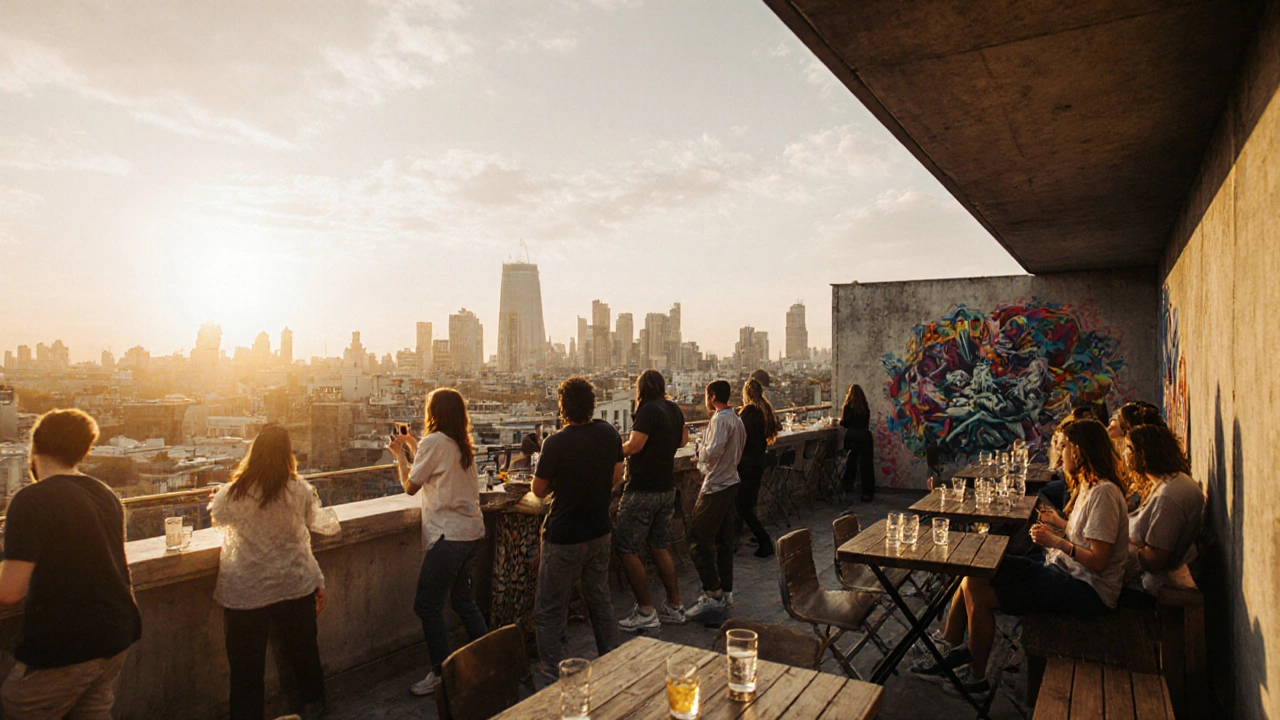 Sunrise over Metropolis London&#039;s rooftop terrace, few dancers lingering, city skyline behind, mural drying on wall, peaceful morning after night.
