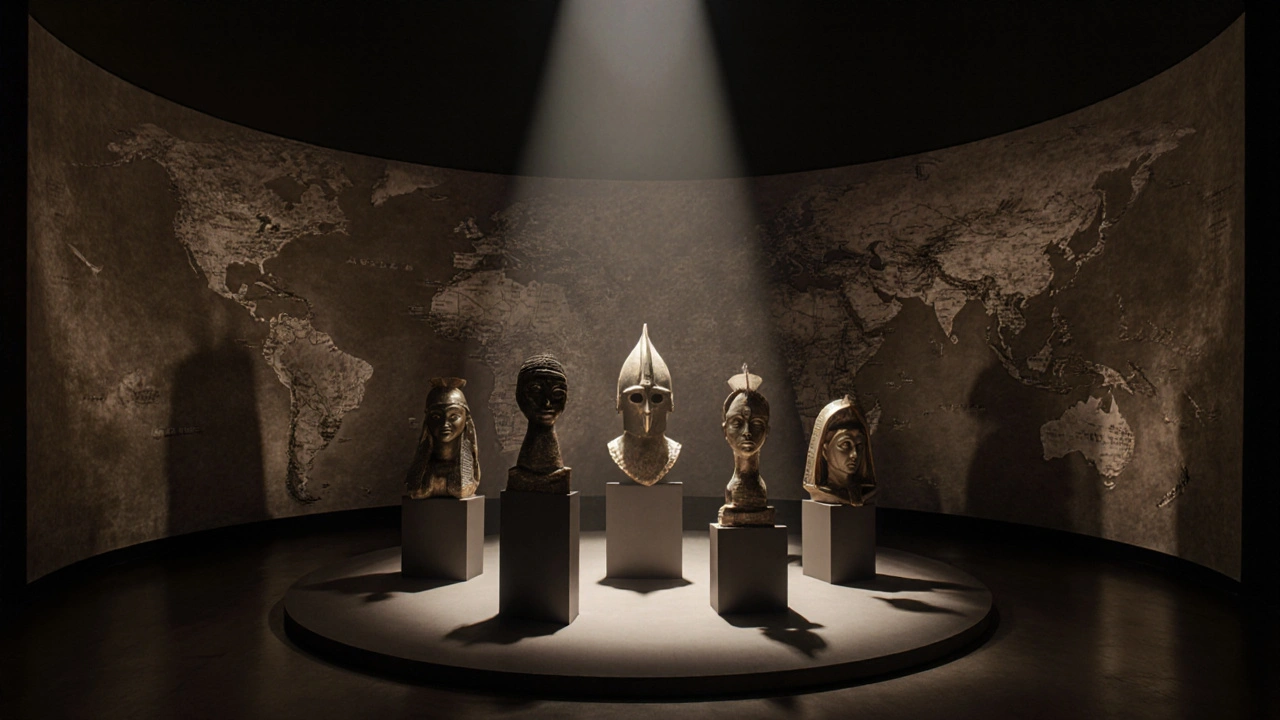 Sutton Hoo helmet, Benin Bronzes, and Standard of Ur illuminated together, with projected cultural imagery on surrounding walls.