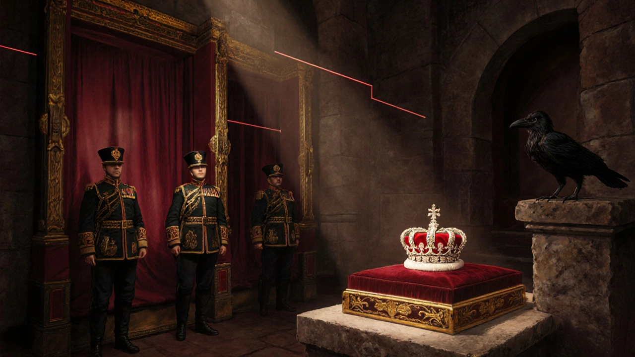 The Imperial State Crown displayed under armed guard in the Tower of London.