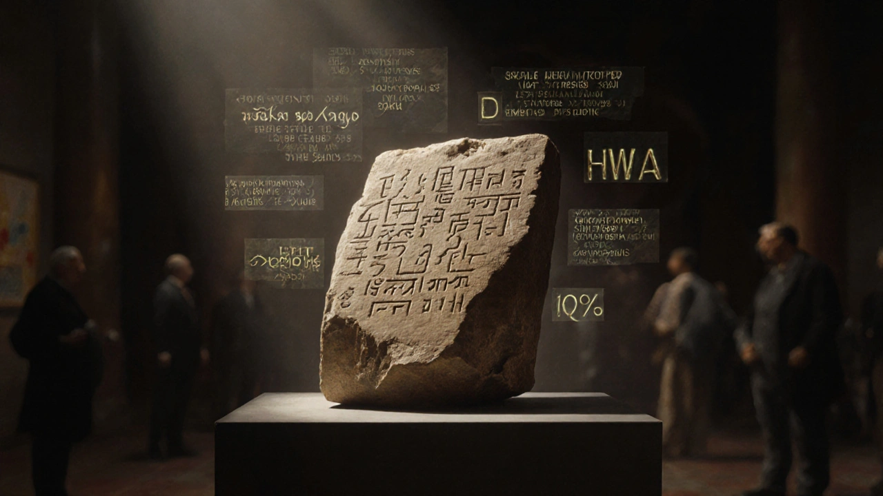 The Rosetta Stone glowing with faint ancient scripts floating around it in a dimly lit museum gallery.