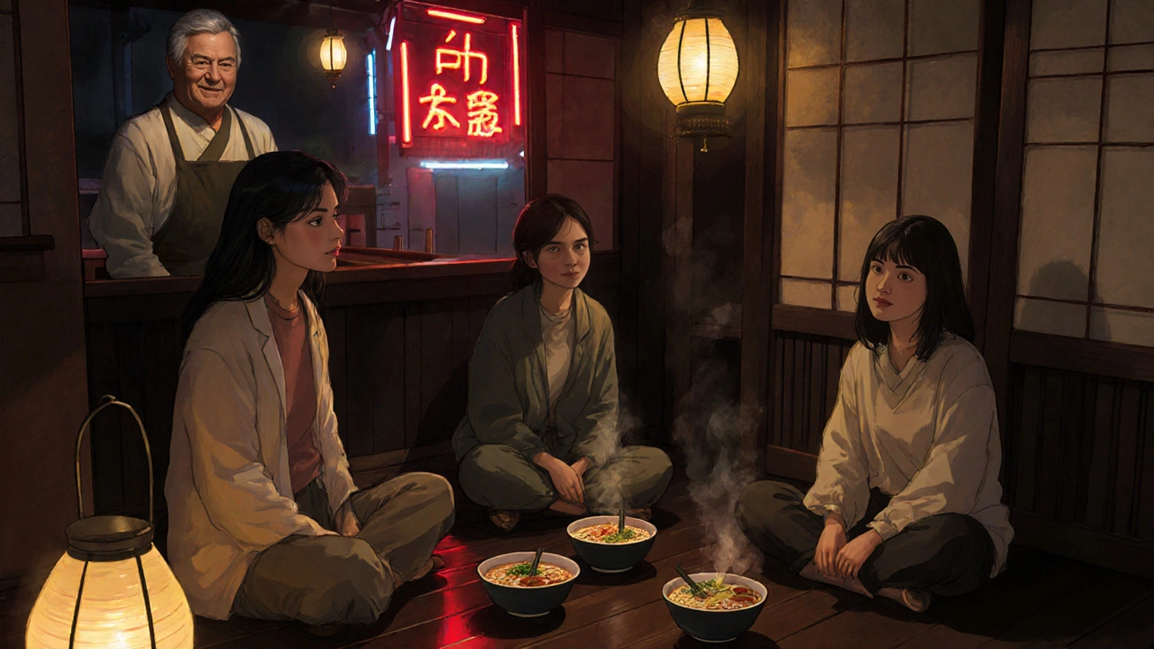 Three women sharing ramen in a quiet Kyoto izakaya under soft lantern light.