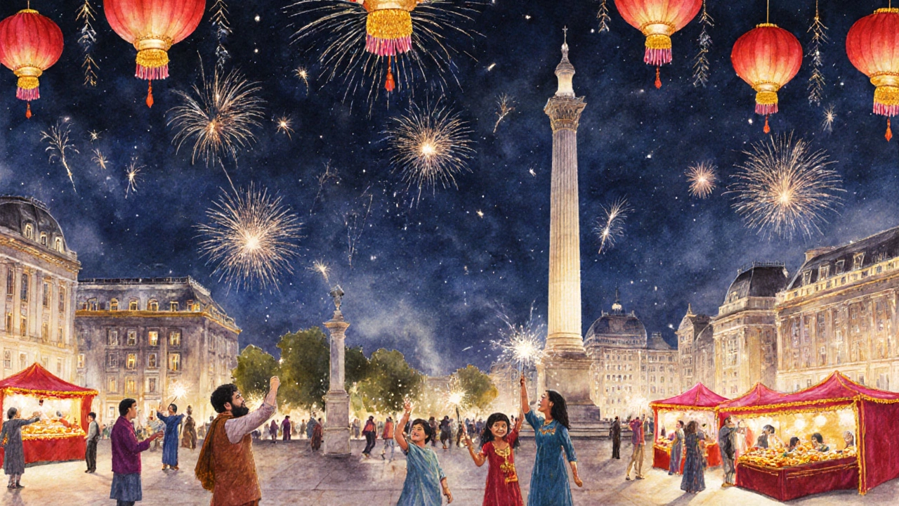 Trafalgar Square lit with Diwali lanterns and fireworks, people holding sparklers in vibrant colors.