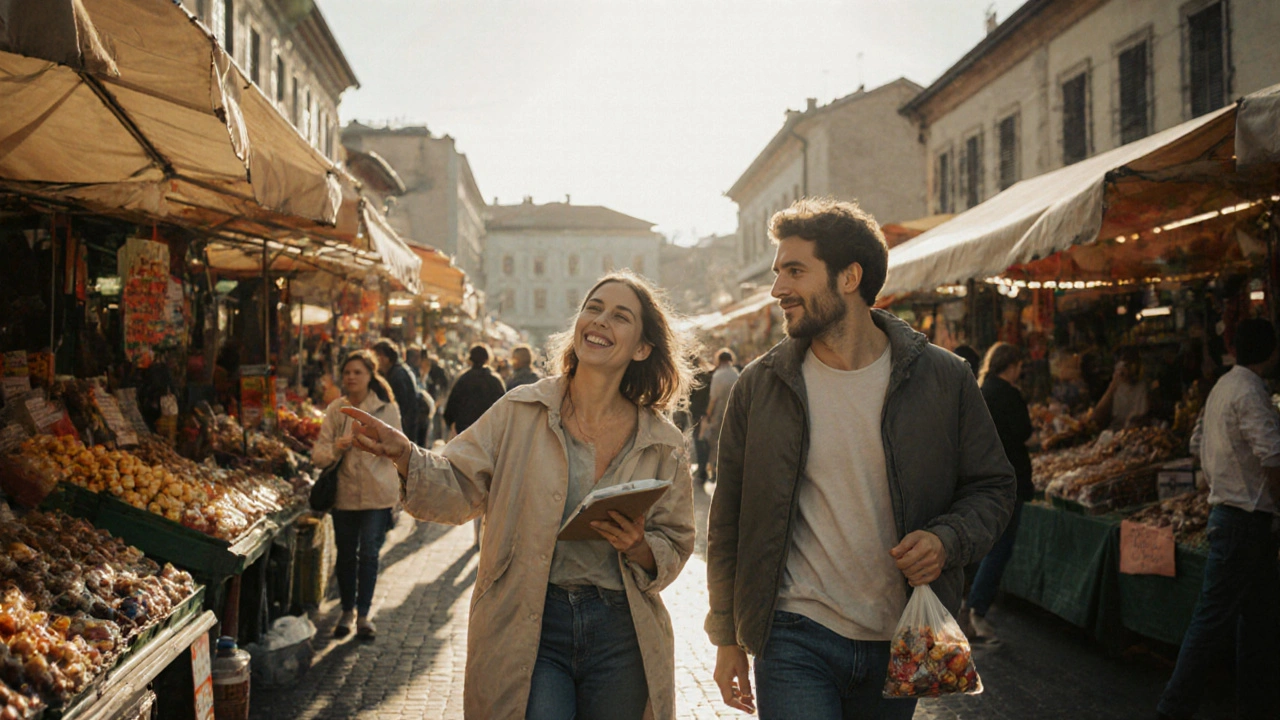 Travelers exploring a lively European market, one pointing at goods while the other smiles.