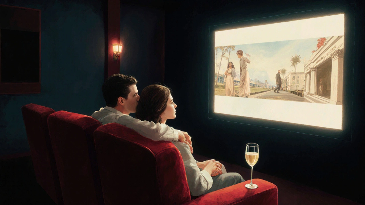 Two people enjoying a private movie screening in a cozy, dimly lit theater with wine.