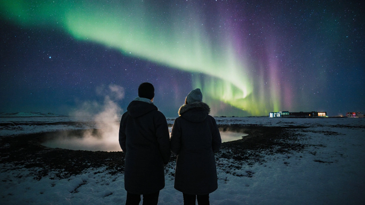 Two people standing under the Northern Lights in Iceland, awestruck by the swirling colors in the night sky.