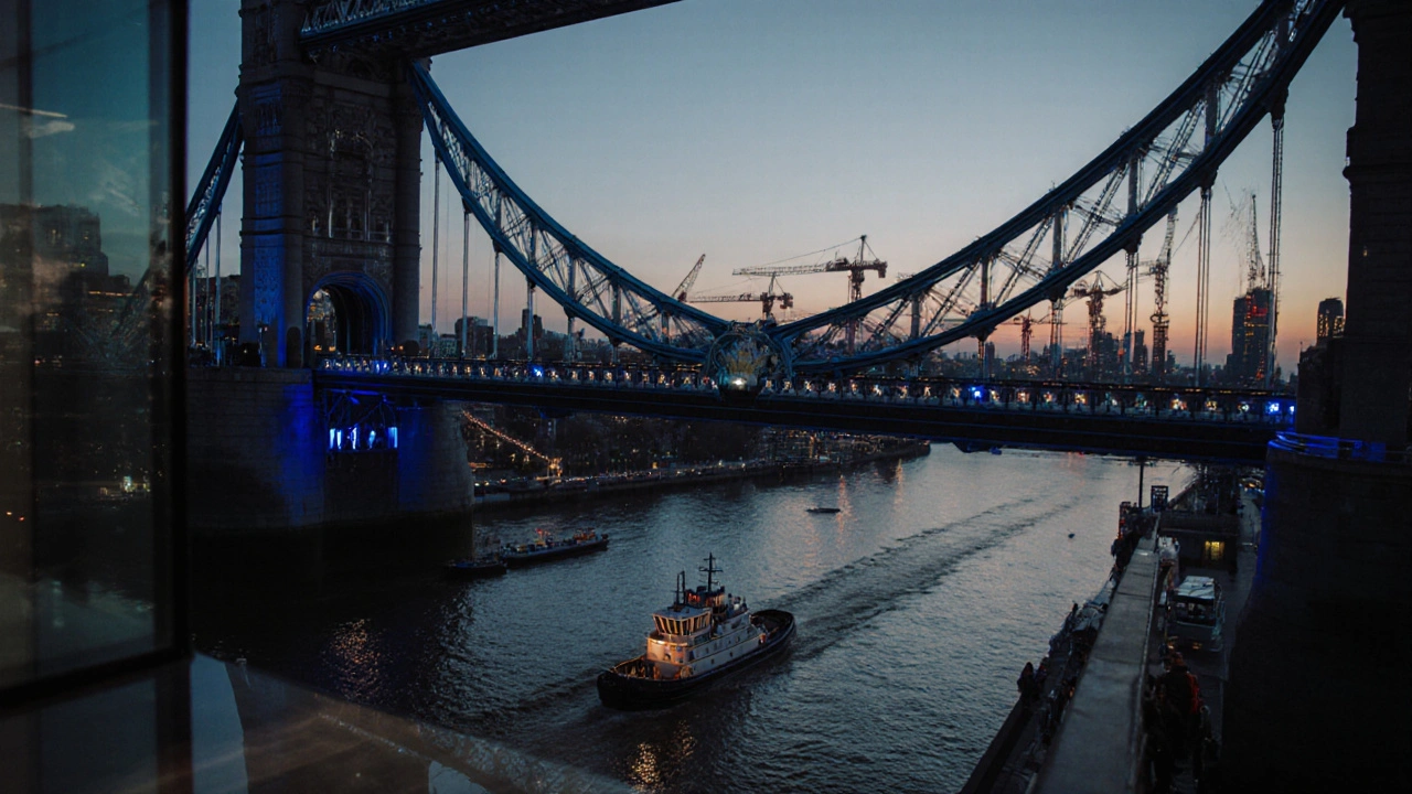 View from Tower Bridge&#039;s glass walkway down to a tugboat passing under the raised span at twilight.