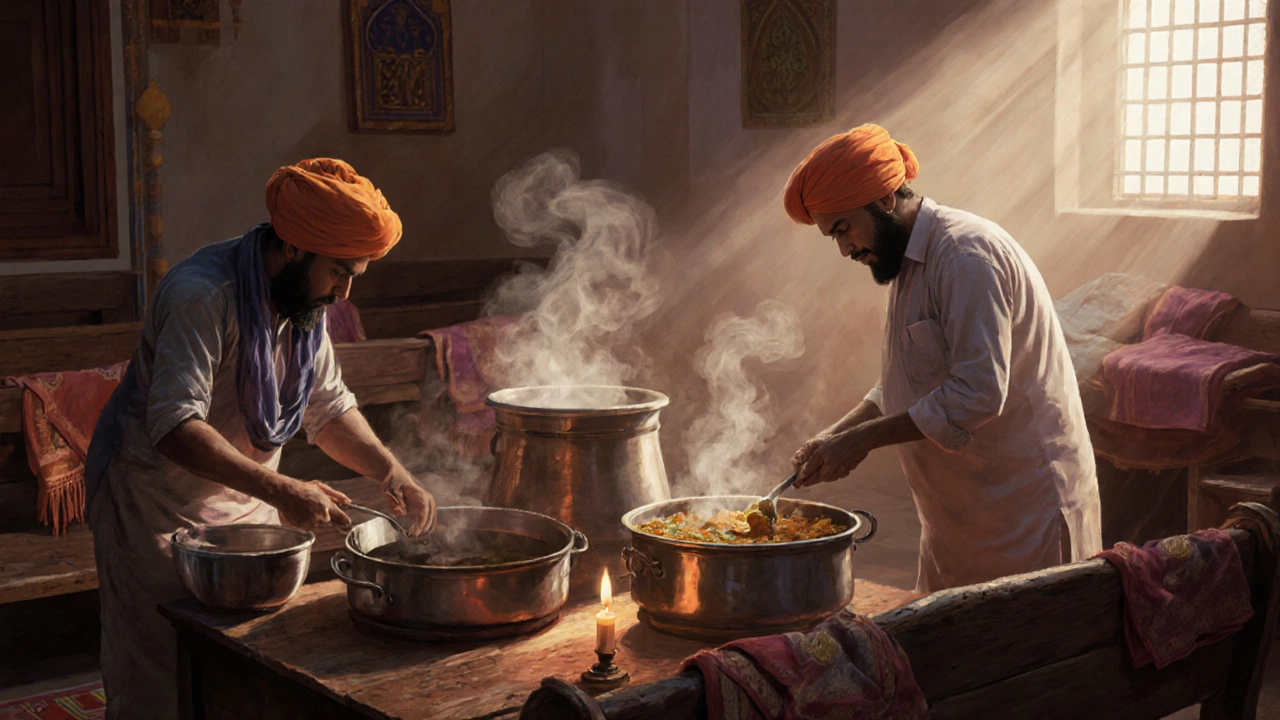 Volunteers washing dishes after a langar meal at a Sikh gurdwara in Southall.
