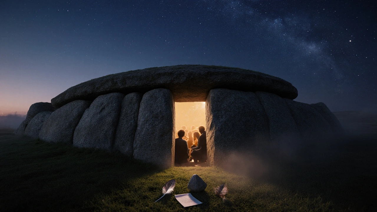 West Kennet Long Barrow entrance at twilight, faint light inside and small offerings on the threshold.